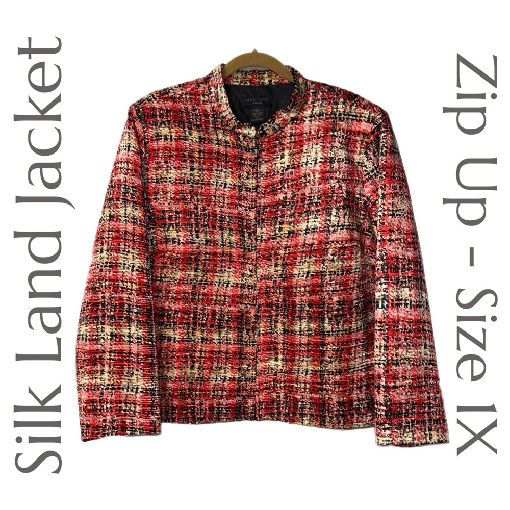 Silk Land - Vintage Plaid Zip-Up Jacket - Red Black Cream Tweed - Size 1X